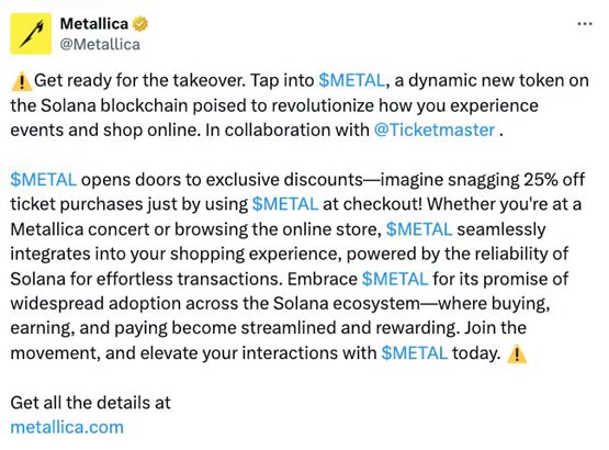 最紅樂團Metallica推特被黑！Meme幣METAL暴漲后暴跌