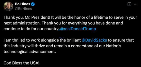 川普任命美式足球員Bo Hines、前a16z合伙人與AI加密沙皇David Sacks合作